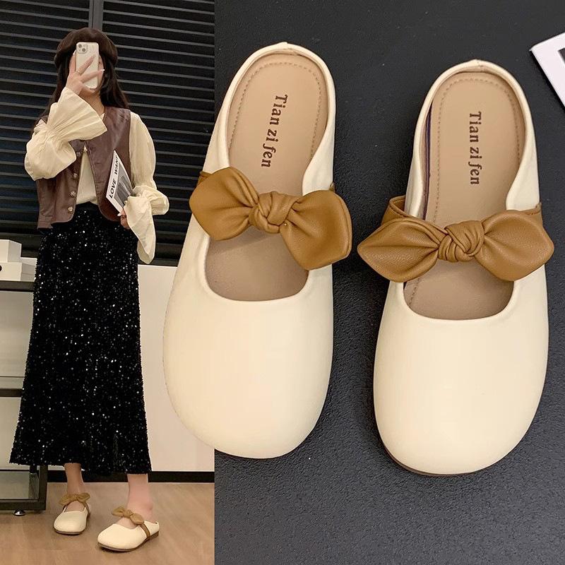 Flat-bottomed Bag Head Half Slippers Women's Outer Wear 2025 New Summer Bow Lazy Half Tray Gentle Evening Cool Slippers