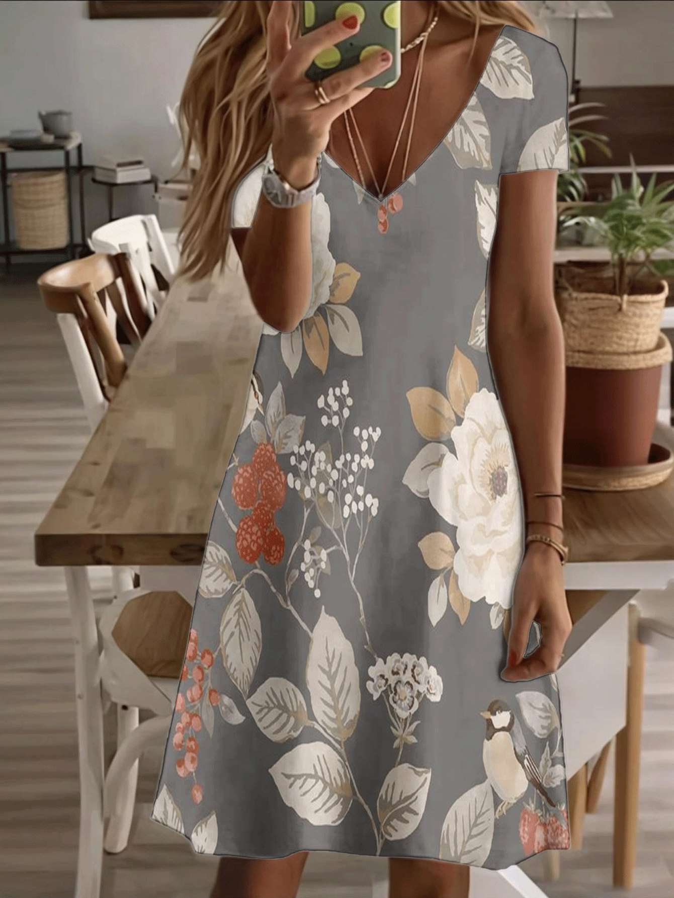 

Vneck shortsleeve midi dress floral bird print design 3D highquality printing durable casual fashion elegant summer outfit breathable soft fabric styl 9XL дубильна кора