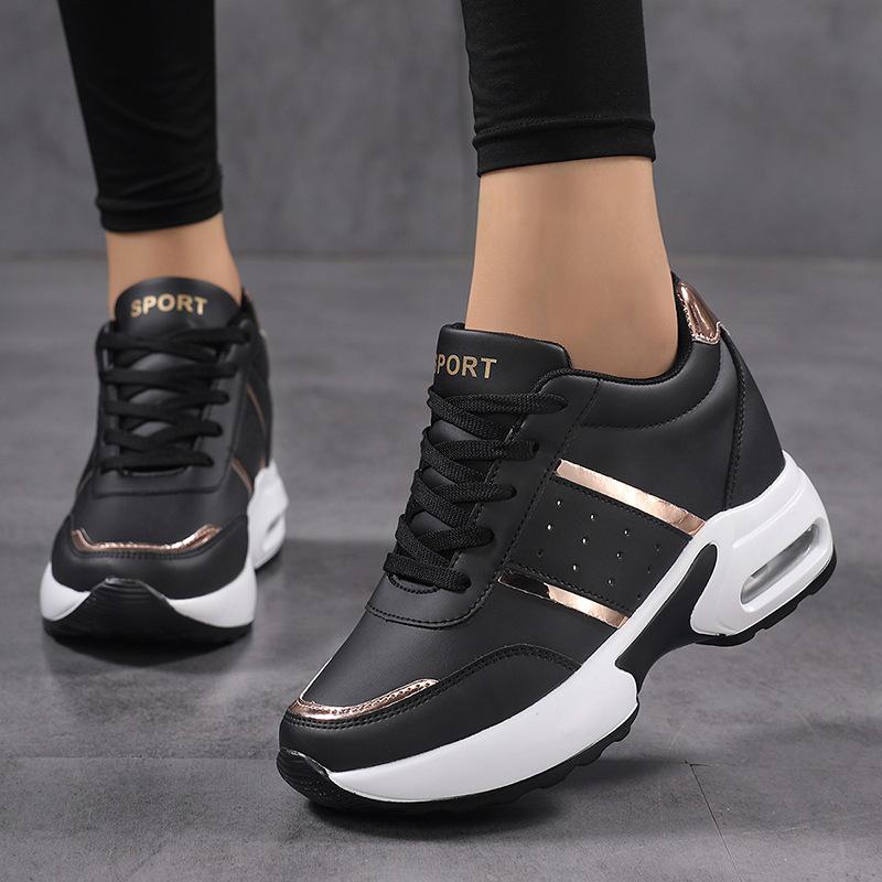 

2025 Women s Autumn/Winter Leather Platform Black Shoes with Color Block Reflective Stripe, Plus Size 40