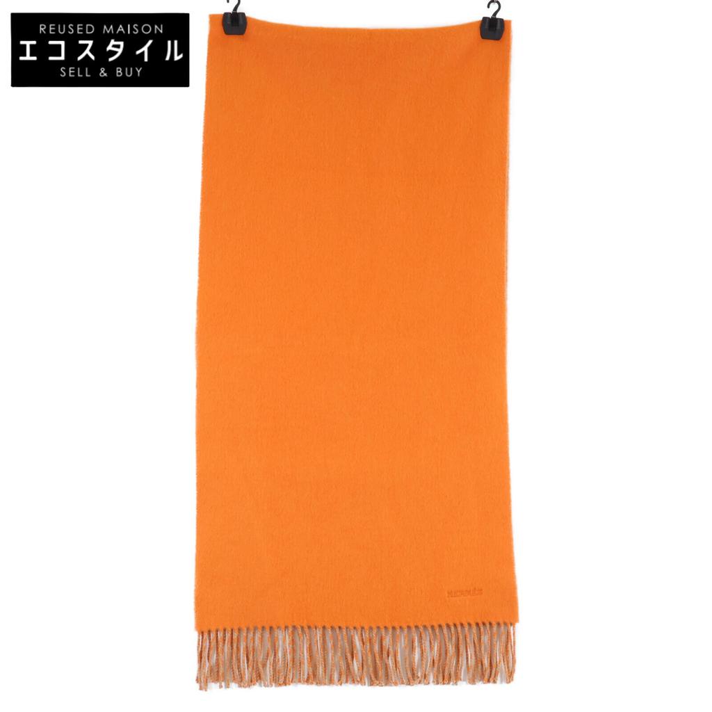 Hermes Embroidered Logo, Cashmere, Fringe Scarf Orange / beigeUsed