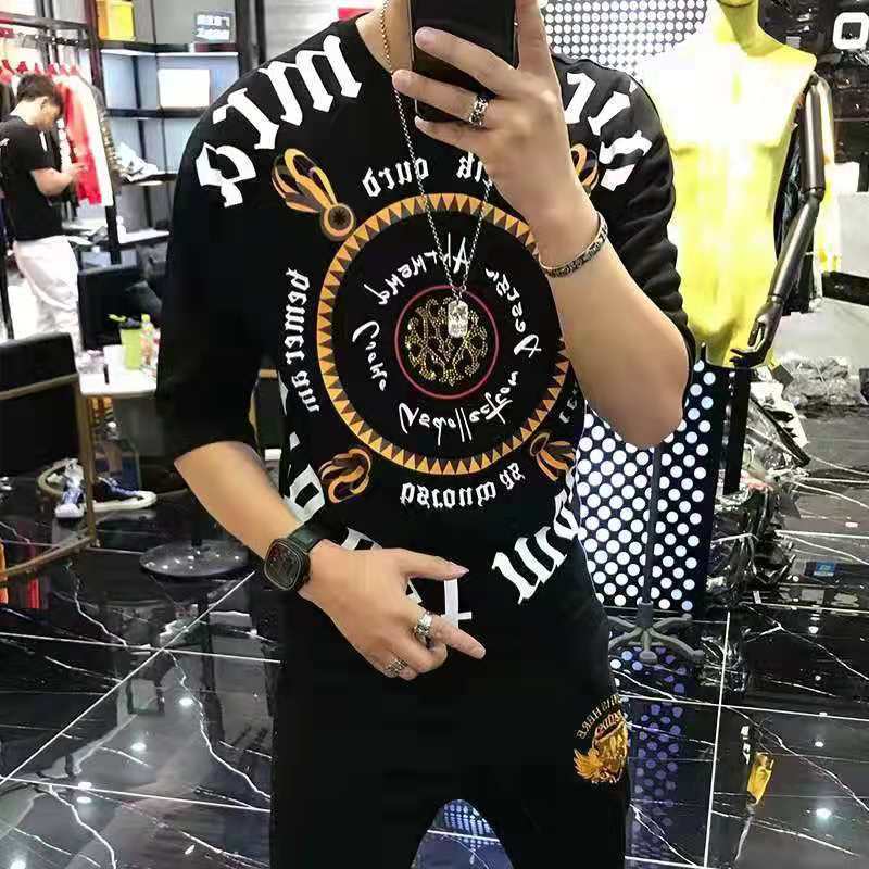 Men's Short-sleeved T-shirt Personalized Trendy Heavy-Industry Letter Print Round Neck Half Sleeve