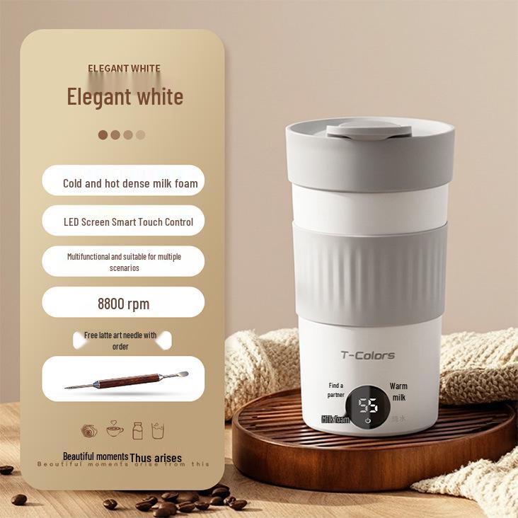 T-Colors Electric Milk Frother: Portable Hot & Cold Latte Art Mixing Cup & Water Boiler