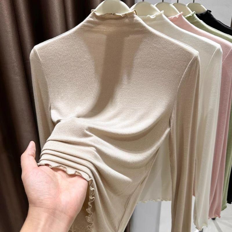 Spring and Autumn New Half-high Collar Fungus Thin Super Elastic Base Fashion Solid Color Long-sleeved Top