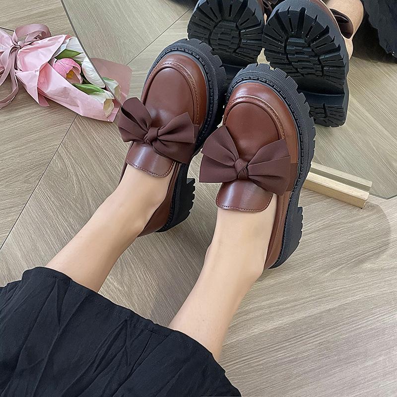 British Style Small Leather Shoes Women'S Versatile Flat Bottom Solid Color Bow Shoes One Pedal Loafers Women