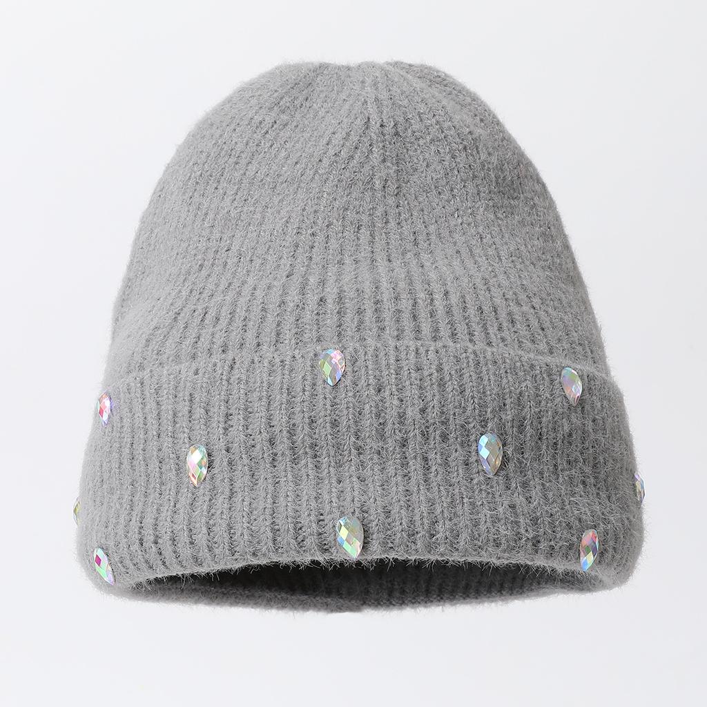 Knitted Hat Solid Color Versatile Thermal Elastic Pullover Hat Rhinestone Cold-Proof Hat