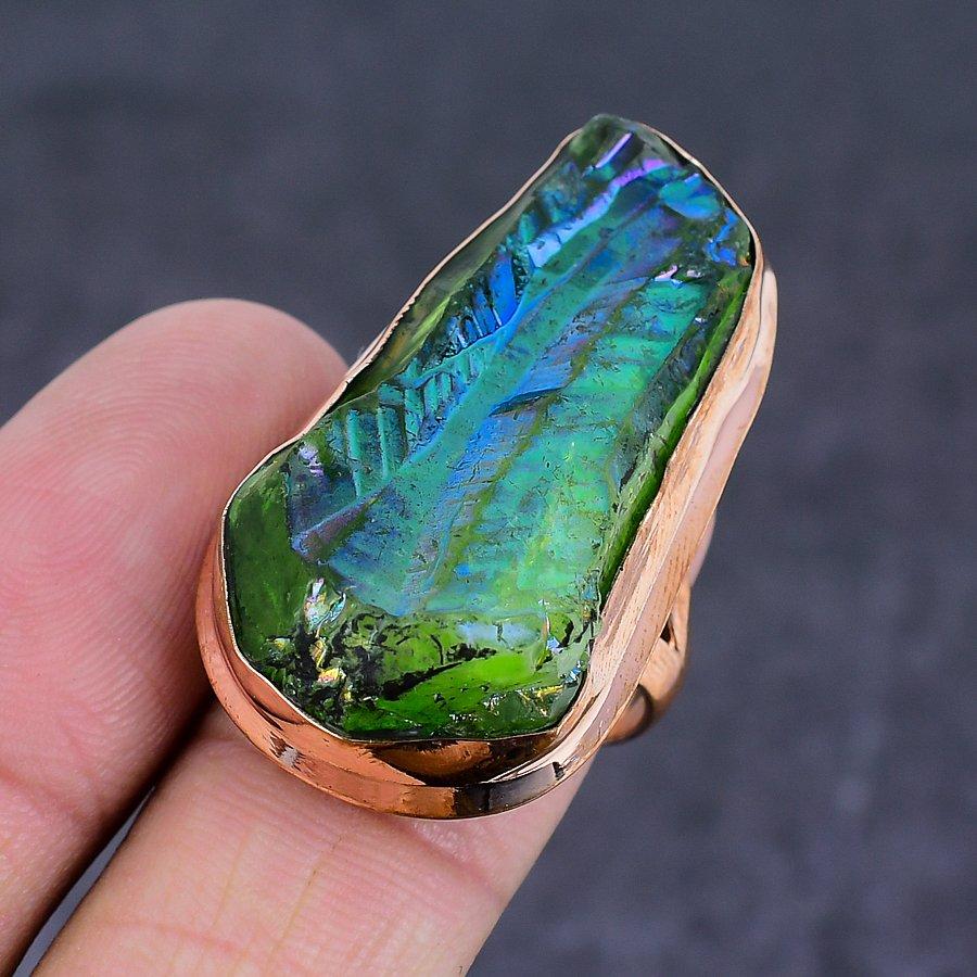 Natural Peacock Titanium Aura Gemstone Handmade Copper Jewelry Ring Size 8 i3D71