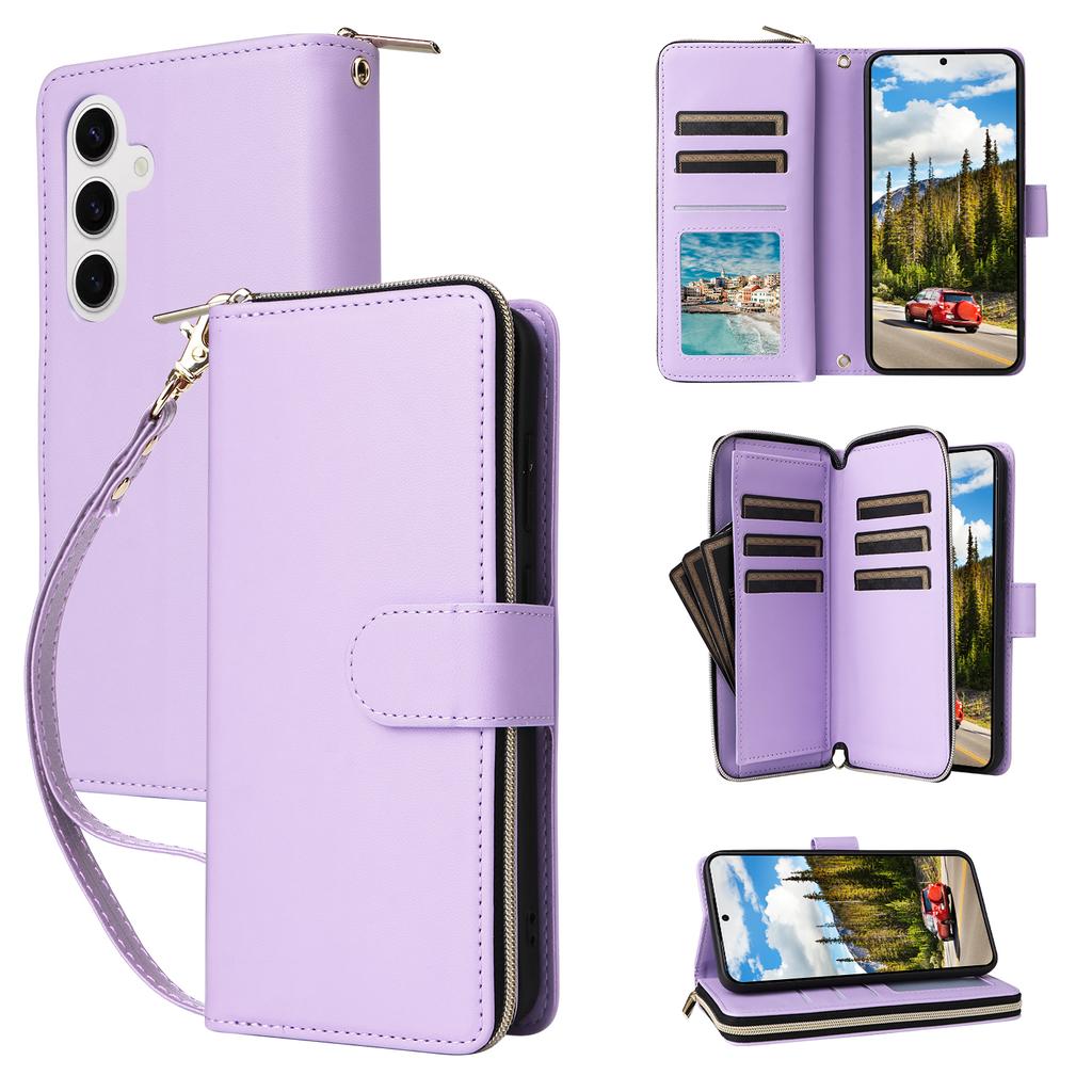 R20 For Samsung Galaxy S24 Case Zipper Leather Phone Cover with 9 Card Slots