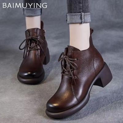 Leder Damen Stiefeletten Schnürer Designer Mittelhohe Absätze Schuhe 2025 Trend Retro Klobig Klassische Oxford Schuhe Winter Botas De Mujer