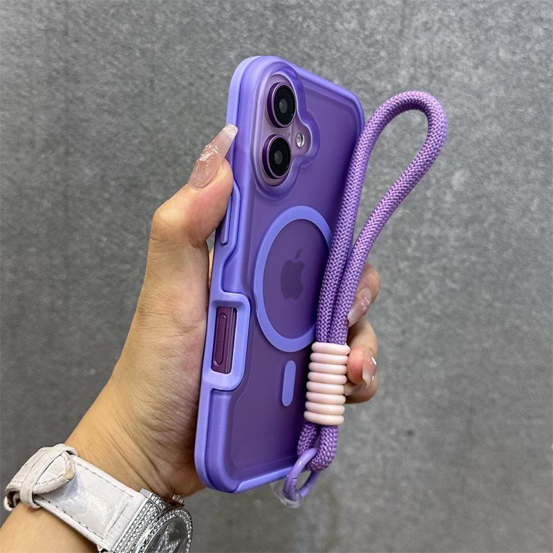 Custodia con Cinturino da Polso a Doppia Colore Magsafe per iPhone 16 15 14 13 Pro Max Plus 12 11 Cover Corazzata Rigida Magnetica con Laccetto
