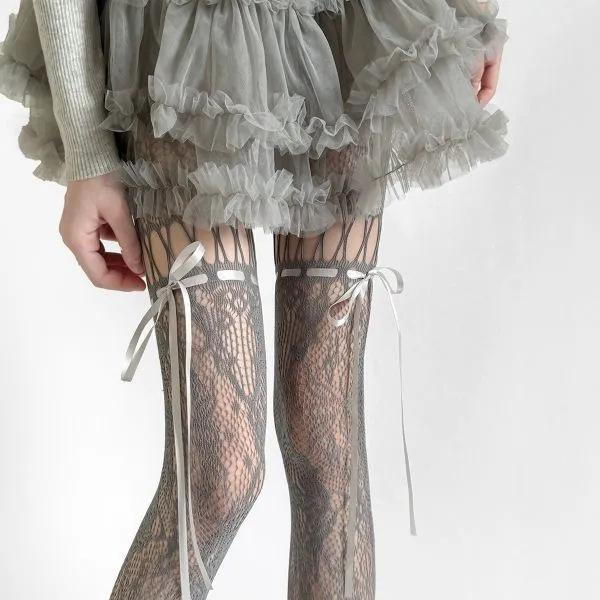 Women Sexy See Through Mesh Sheer Fishnet Stockings JK Uniform Bow Tie Strap Lace Bottoming Pantyhose New Design Beige Tights