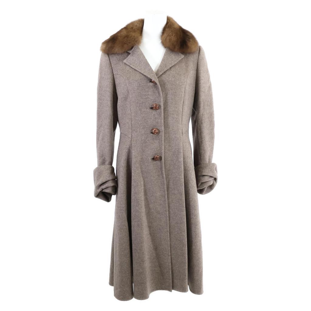 FOXEY [Good Condition] 33584-ACFE15KN Cashmerex Nylon Sable Fur Collar Leather Walnut Buttons Coat 40 greigeUsed