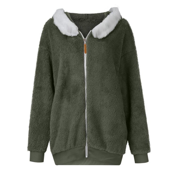 Women's Casual Solid Color Loose Plush Hooded Jacket With Pockets Zippered