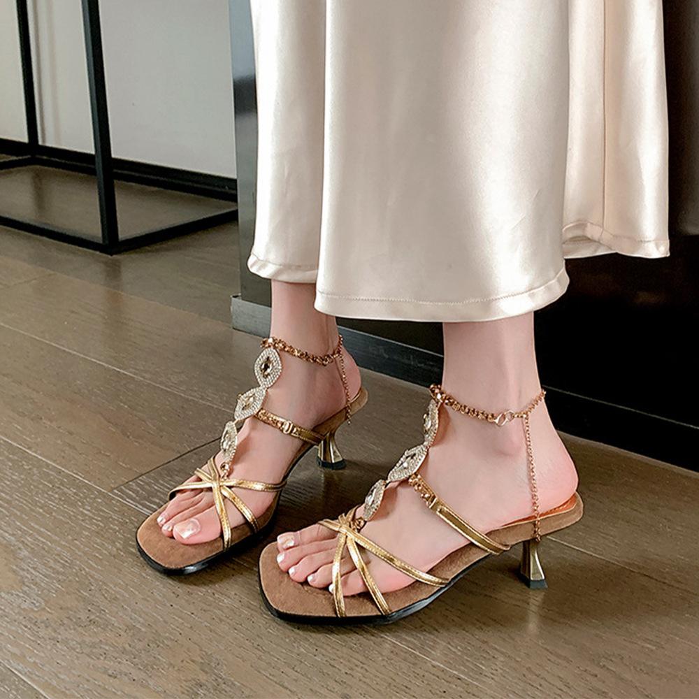 Summer Light Luxury Rhinestone Chain Roman Sandals Banquet Shoes Square Head T-shaped with High Heels Open-toed Sandals Large Size
