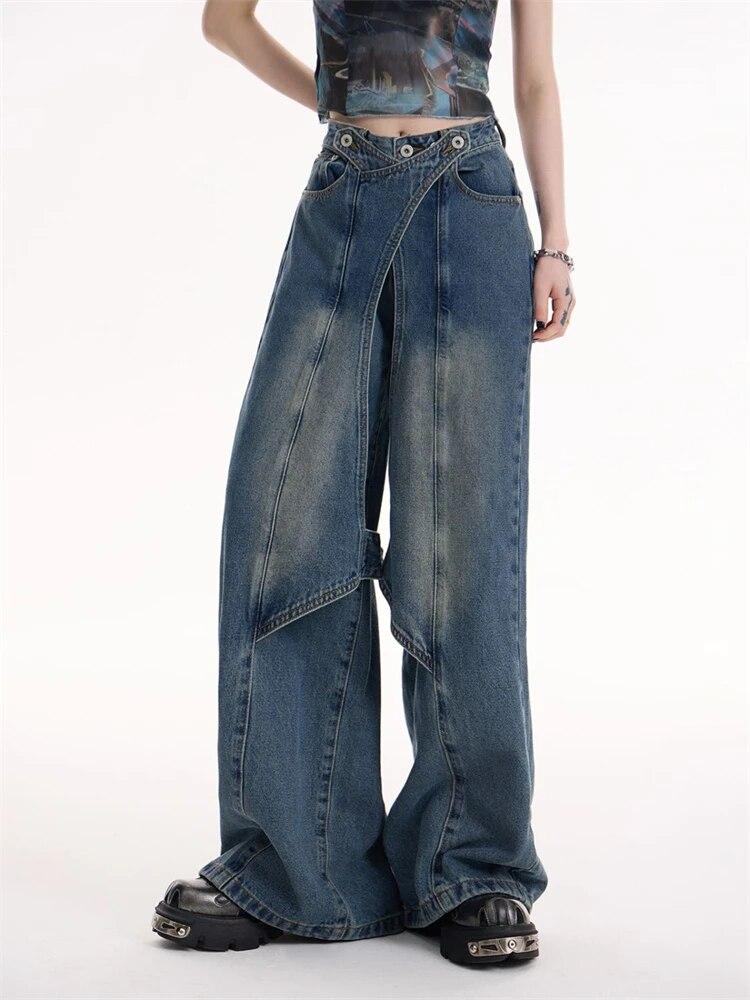 American Vintage High Waist Design Jeans Women Fashion Casual Patchwork Loose Pants Female High Street Irregular Harajuku Cowboy Slacks