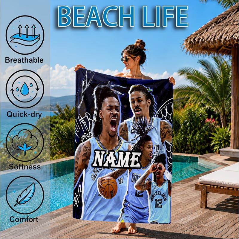 Custom Name Morant Team Spirit Beach Towel Microfiber Beach Towel, Lightweight and Quick-Dry, for Summer Travel, Swimming Pool Gift