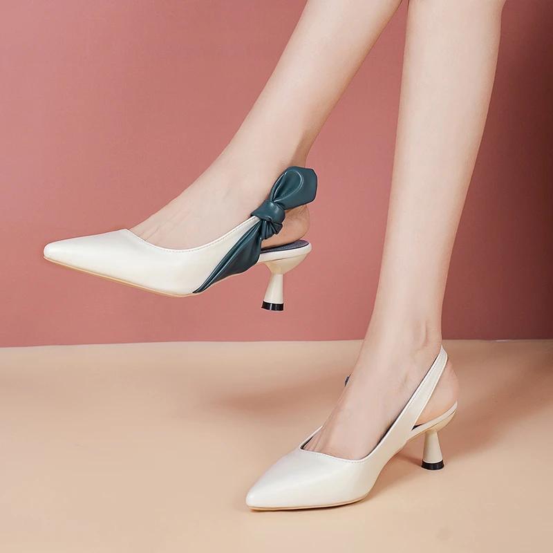 Fashion Temperament Pointed Toe High Heels 2024 Summer New Soft Sheepskin Shallow Mouth Bow Word with Stiletto Sandals Women