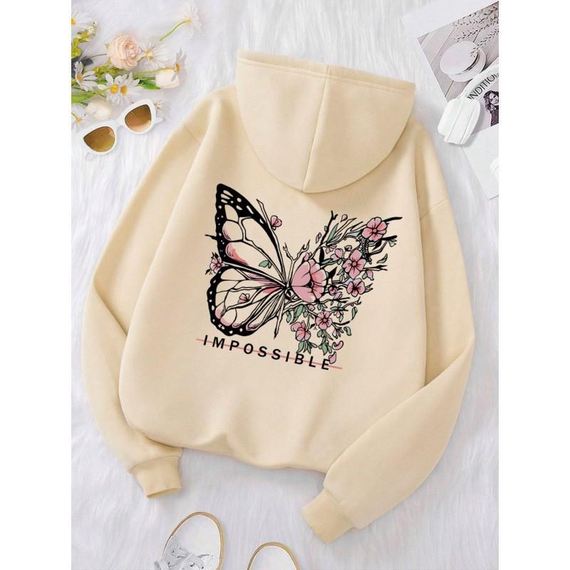 Rose Butterfly Graphic Unisex Hoodie with Drop Shoulder Sleeves
