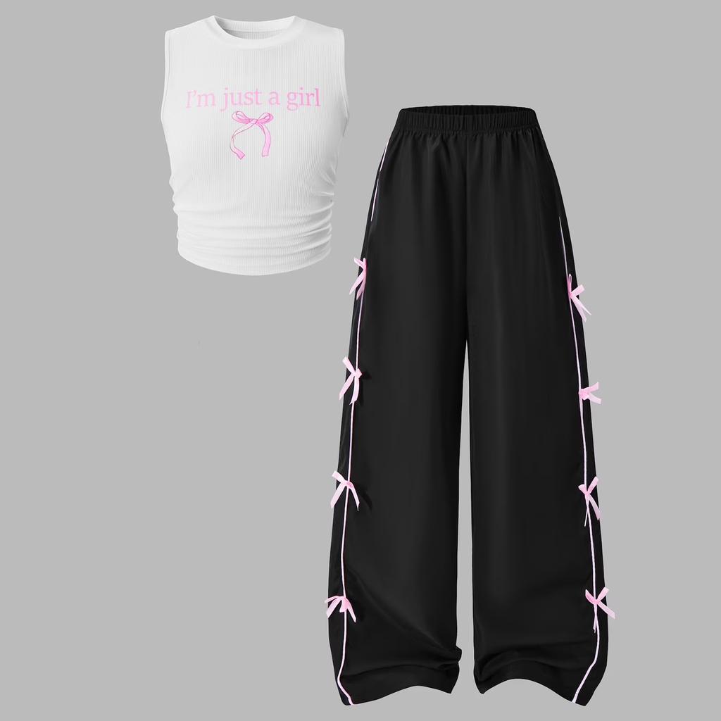 Girls Sleeveless Crop Top with Text Print and Wide Leg Pants Set Elastic Waistband Casual Two Piece Outfit for Kids