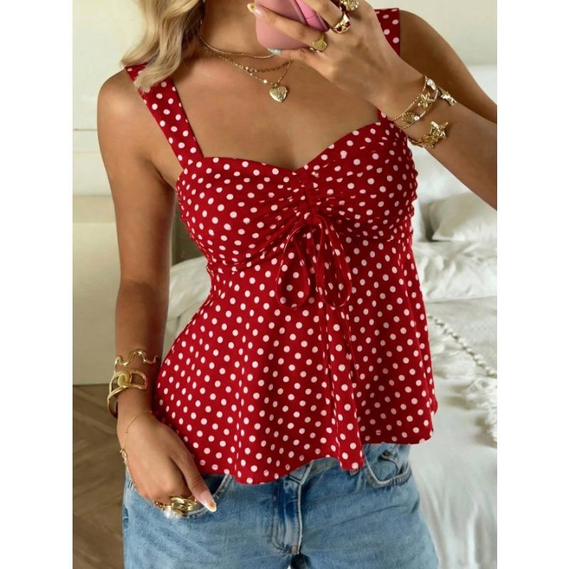 Women Summer New French Polka Dot Drawstring Waist Peplum Hem Cami Top