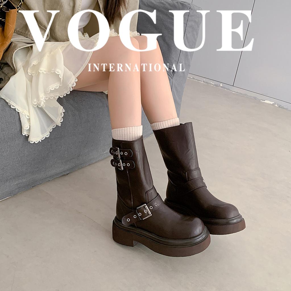 Maillard platform boots women's European and American style knight boots metal buckle round head black leather medium boots
