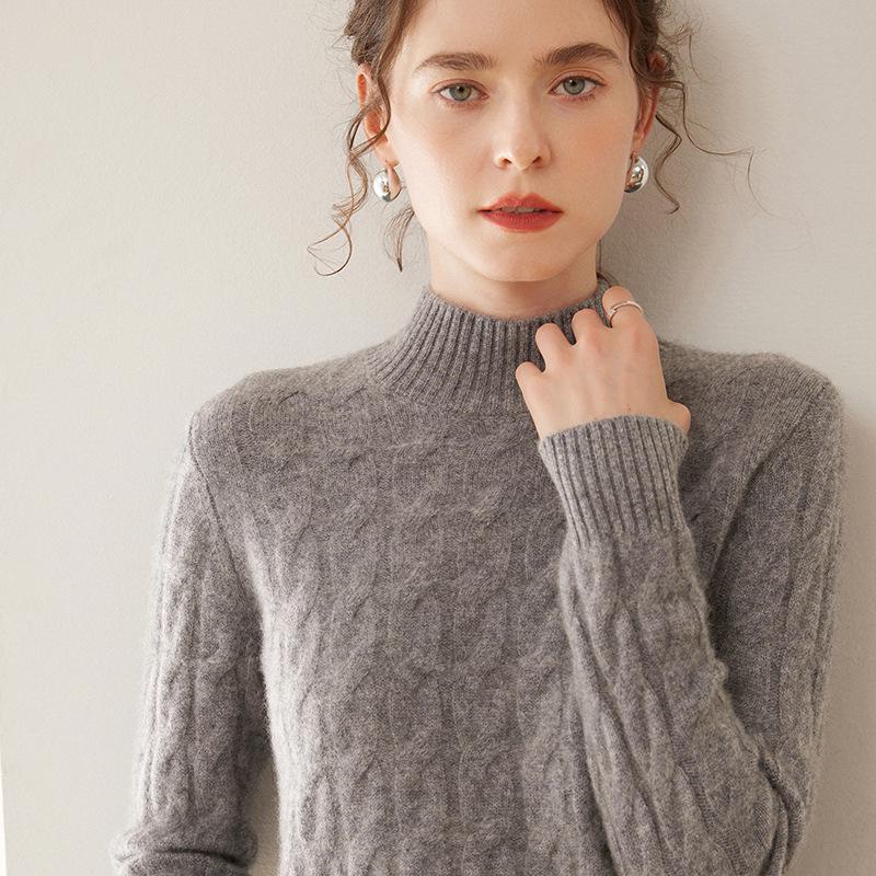 Women's Petite Cashmere Knit Sweater - Mid-High Neck, Thick, Loose Fit, Autumn/Winter 2024