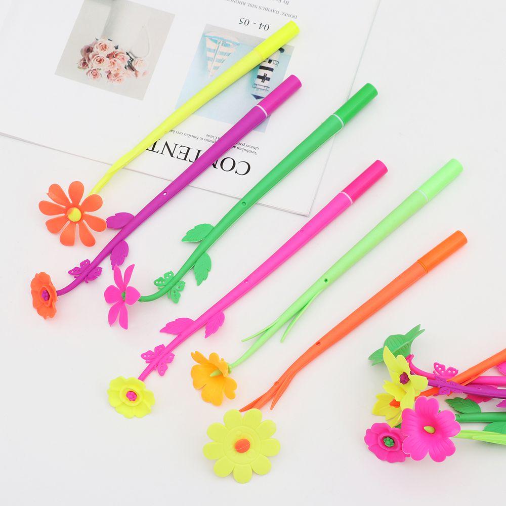 5PCS Soft Silicone Flowers Gel Pens Colorful Flowers Ballpoint Pen 0.38mm Black Ink Pen School Office Stationary For Kids Gift