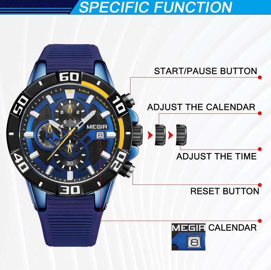 MEGIR Men Wristwatch Luxury Silicone Strap Sport Watches for Man Waterproof Luminous Quartz Chronograph Clock Reloj Hombre 2121