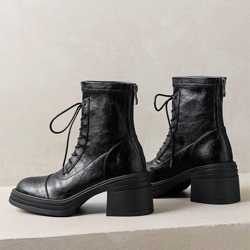 Retro Lace Up Chunky Heel Women Ankle Punk Back Zipper Round Toe Knight Fashion Non Slip Short for Adult Women