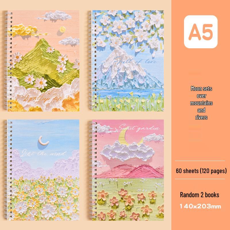 Cartoon Oil Painting A5 Side-Bound Lined Notebook - Cute, Thick, Student-Friendly