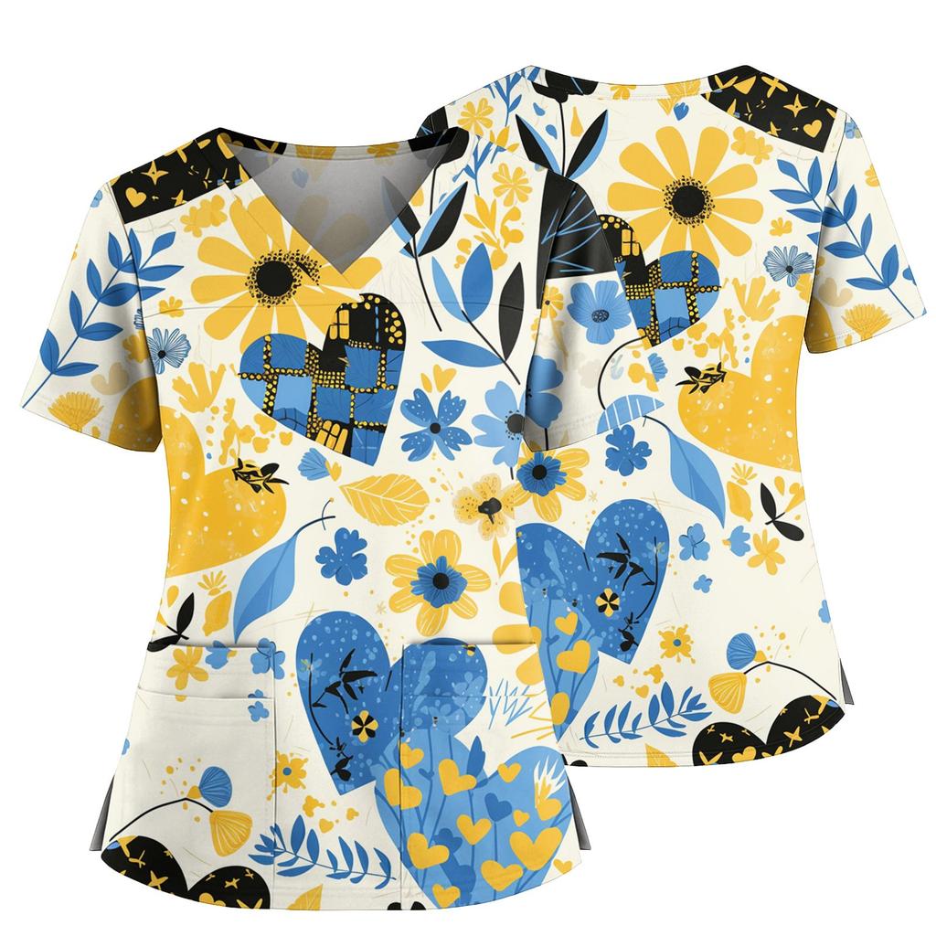 Women's Casual Printed V-Neck Pocket Side Slit Short Sleeved Top Short Sleeved Top