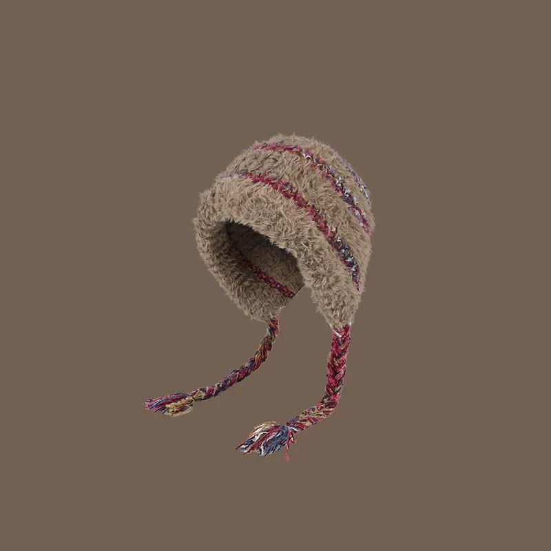 Autumn and Winter Plush Hat, Ear Protection, Headgear, Striped Color Matching Knitted Hat, Warm and Face-showing, Versatile Strap, Pullover Hat