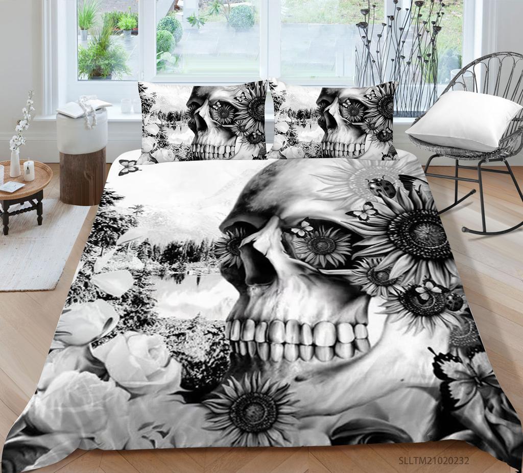3D Black Skull Head Pattern Bedding Single Double Bed Full Size Special Skull Head Print Pillowcase and Quilt Cover 2 or 3 Comfortable Home Decoration