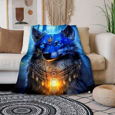 1pc Cozy Wolf Print Blanket Flannel Blanket For Sofa, Bed, Travel, Camping, Living Room, Office, Couch, Chair