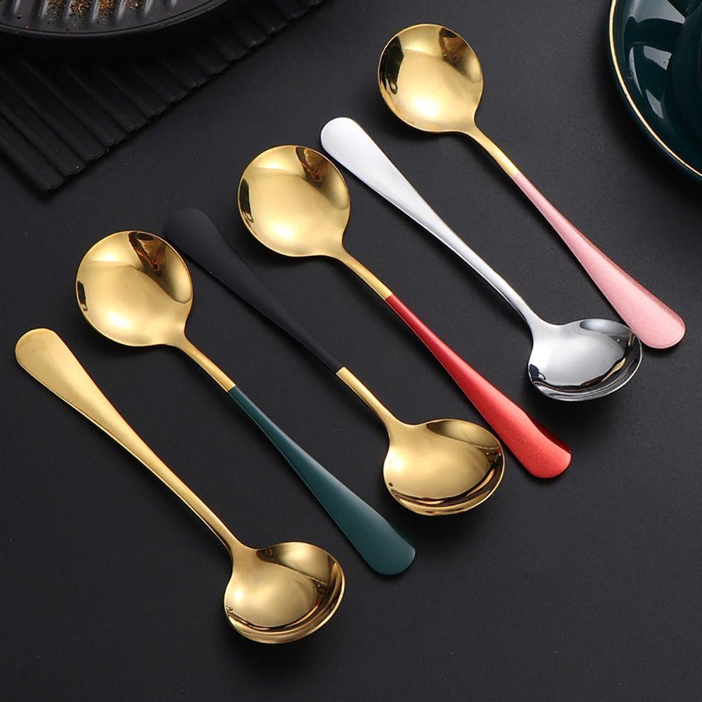 1Pcs Round Stainless Steel Soup Spoons 17cm Tableware Stirring Spoon Coffee Dishwasher Kitchen Tool for Dessert Coffee