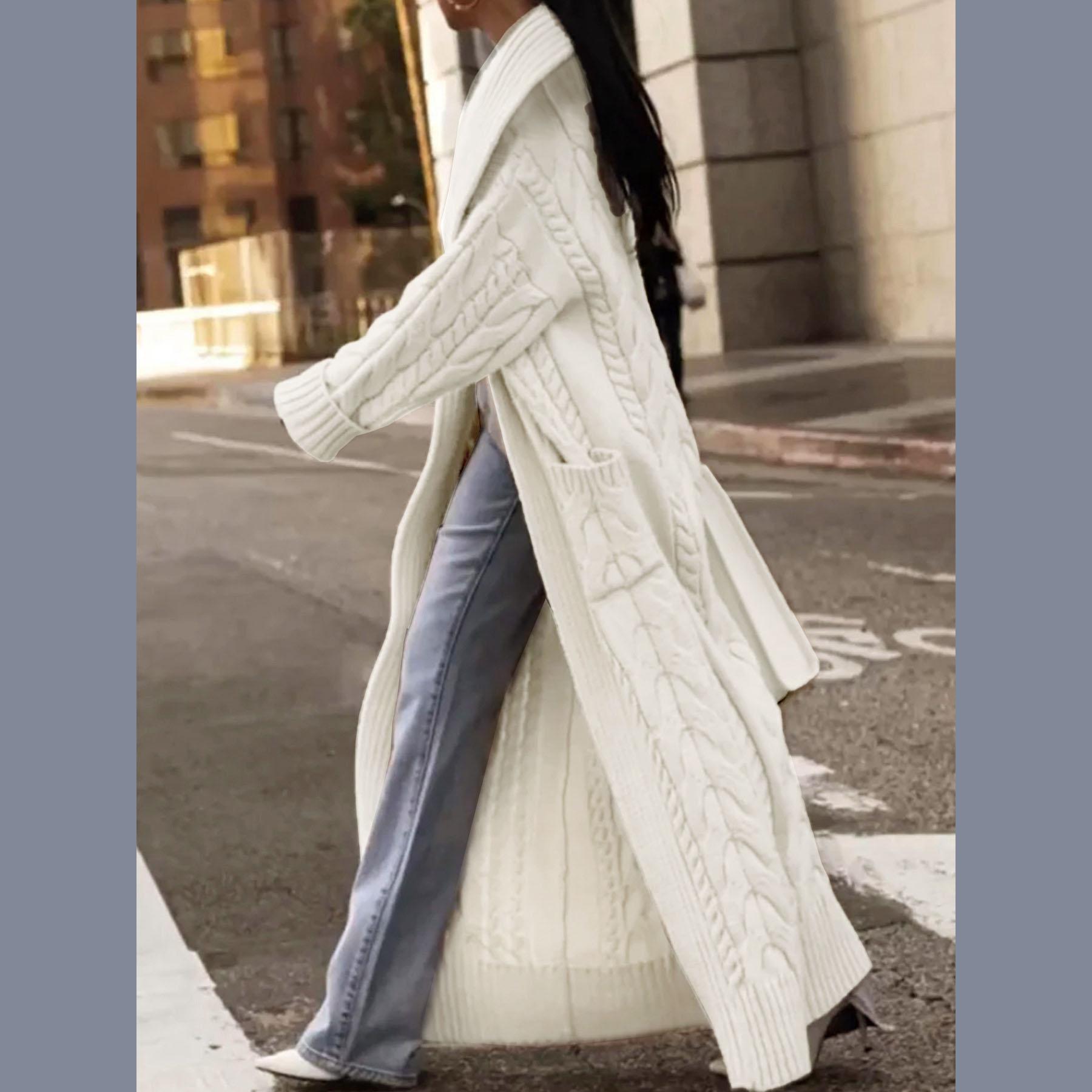 

Женский длинный свитер-кардиган с большим воротником и толстыми витыми полосами для женщин весна осень зима трикотажная куртка с открытой передней частью XL