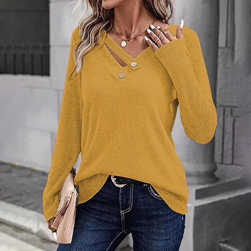 Women's Button V Neck Casual Long Sleeve Loose Fit Solid Color Knit Top Lightweight Comfortable Everyday Wear