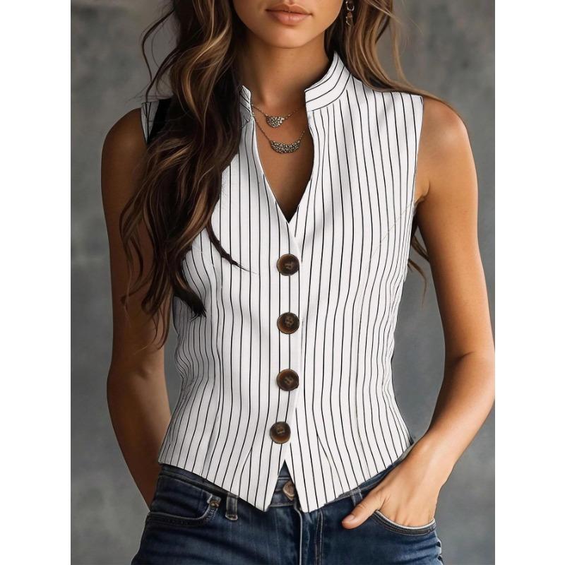 Women Elegant Striped Sleeveless Slim Fit Shirt Vest