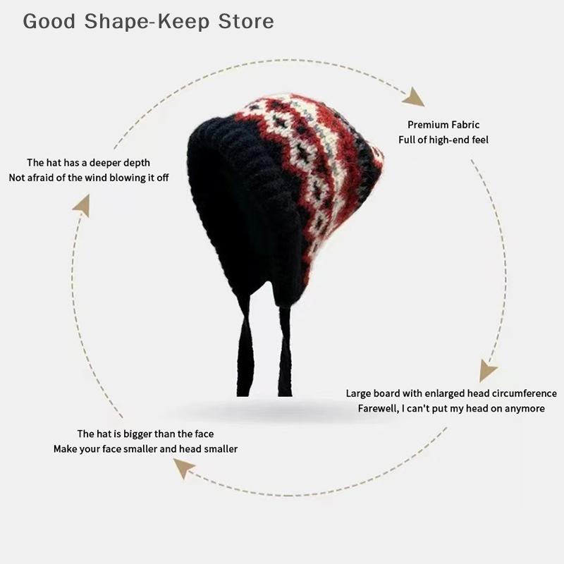 Striped Spliced Knitted Brimless Hat Ethnic Retro Style Woolen Hats Thickened Warm Resistant, Ear Protection Caps, Autumn Winte