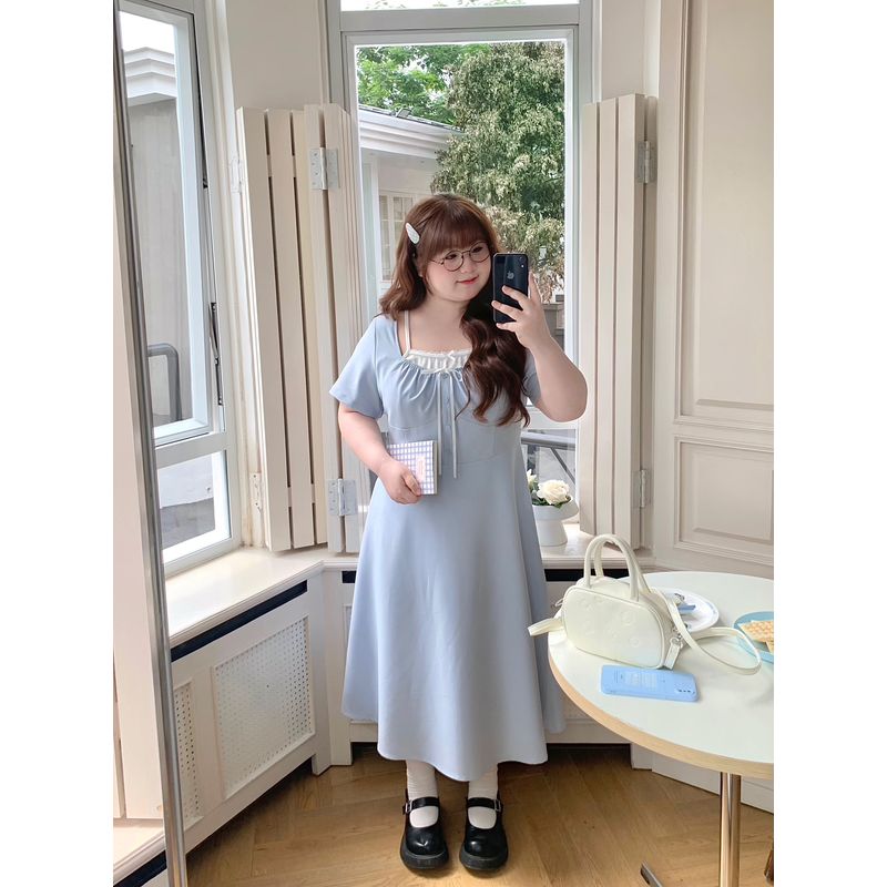 Spicy Strips Plus Size Women s Summer Dress: Beautiful Little Dress with Gentle Style, Lace Bow, and Faux Two-Piece Design for a Slimming Effect Blue Faux Two-Piece Dress M