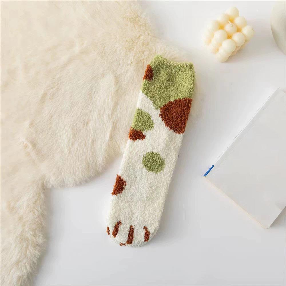 Cat Paw Striped Cute Socks Coral Fleece Winter Women Socks Thick Thermal Floor Sleeping Socks Candy Color Velvet Sock Warm
