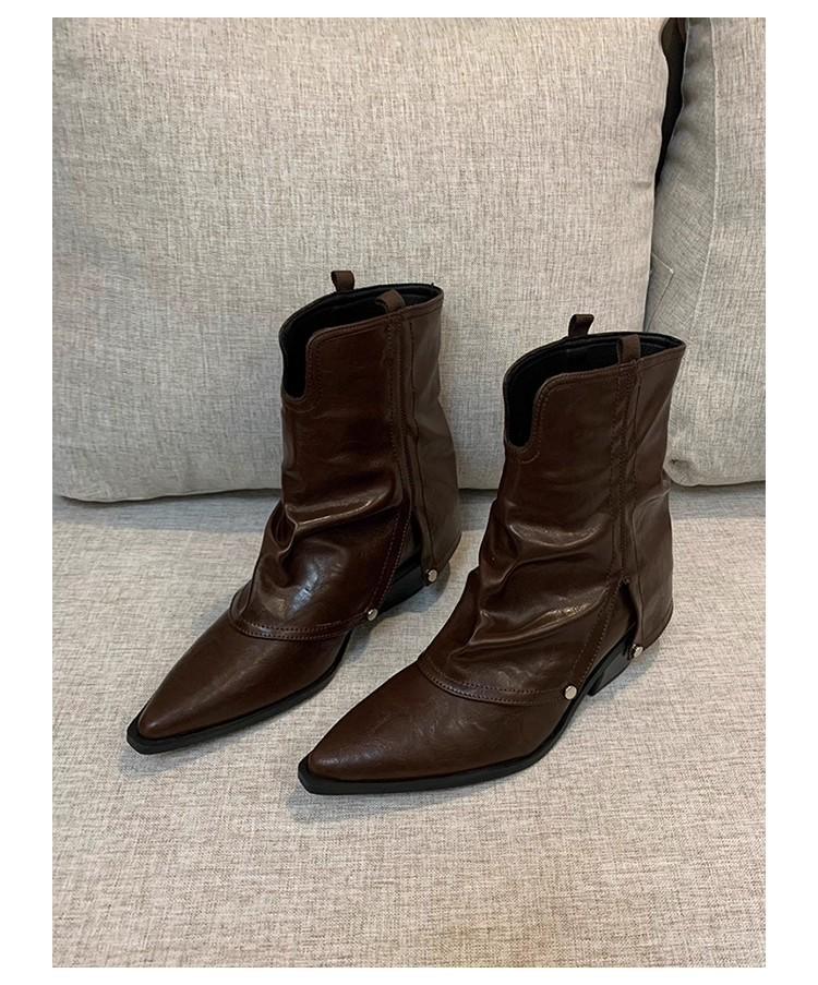 

Cowhide version~ V-mouth boots pointed-toed pleated trouser tube boots western cowboy boots high-heeled Martin boots women s thick-heeled short boots 40 коричневый