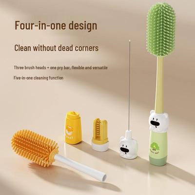 Portable Newborn Baby Bottle and Nipple Cleaning Brush Set, Four-in-One Silicone Long Handle.