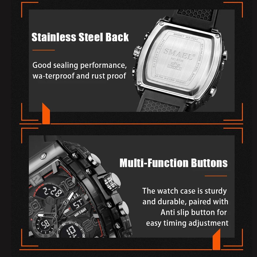 Electronic Watch Square Dual Display Waterproof Luminous Multi-color Wristwatch for Men