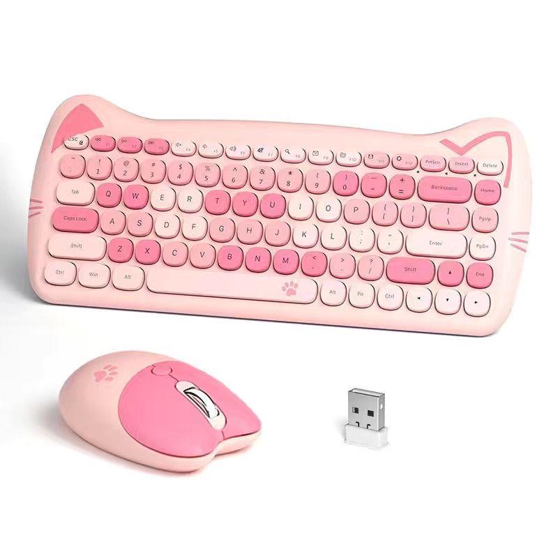 Adorable Kitty Cat Wireless Keyboard and Mouse Set with Pink Sakura Design and Cute Cat Ears - Perfect Silent Gift Box for Girls