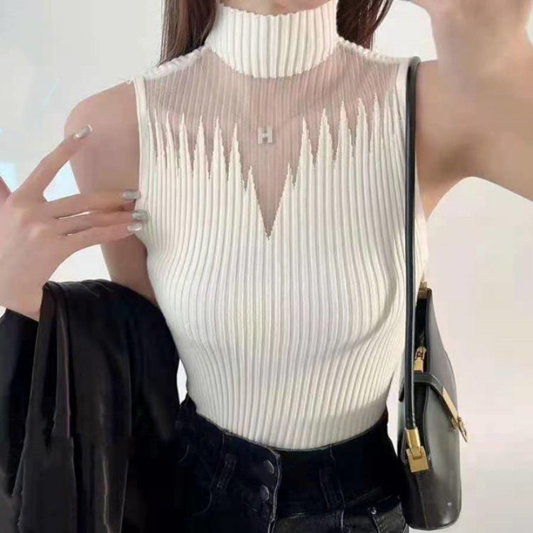 

Sleeveless High-Neck Mesh Hollow-Out Women s Knit Top One Size