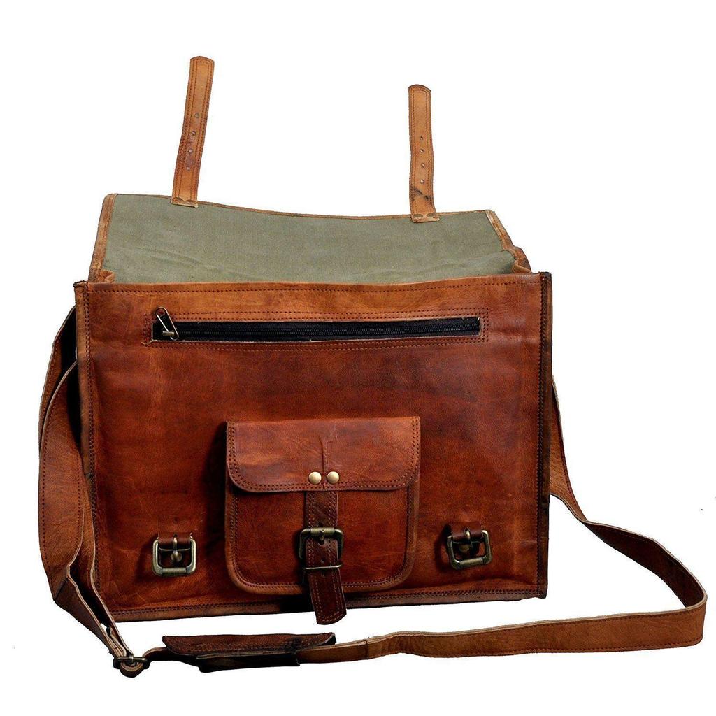 New Men Real Goat Leather Vintage Brown Messenger Shoulder Laptop Bag Briefcase