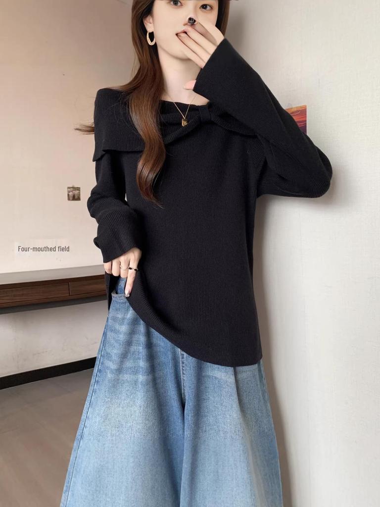 Plus Size Women's Elegant Bowknot Knit Sweater - Loose, Slimming Fit for Fall/Winter