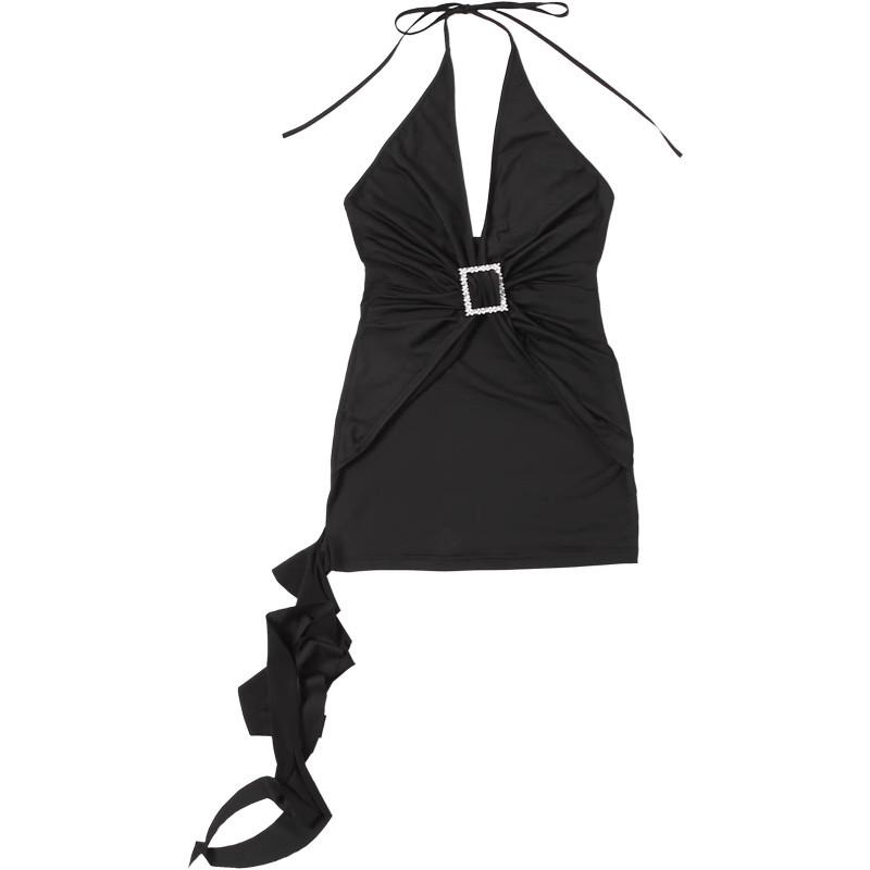 New Celebrity Sexy Low Chest Deep V-Neck Neck Dress Women's Pleated Hollow Back Hip Wrap Skirt