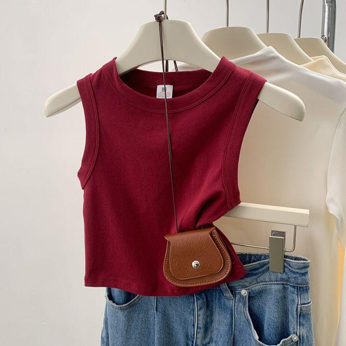 G Odell cotton, summer solid color basic wide shoulder strap versatile slim short sleeveless vest T-shirt women