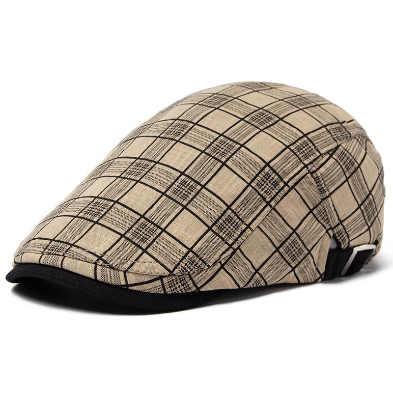 Boina de Verano Fina a Cuadros para Hombre Gorra de Sombra Británica de Algodón y Lino Gorra Delantera